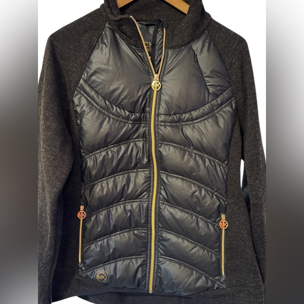 Michael Kors Black brown Hi low down Puffer Jacket with Gold MK Accents - Picture 13 of 16
